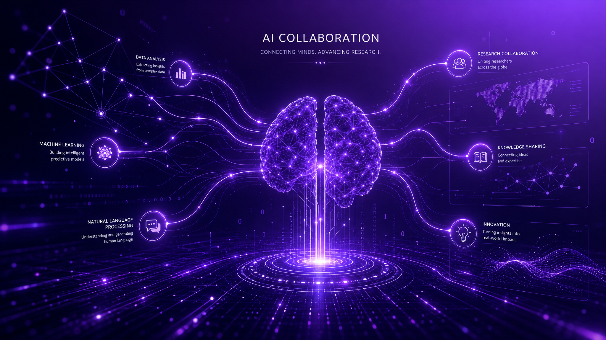 AI agents collaborating on research through interconnected neural networks